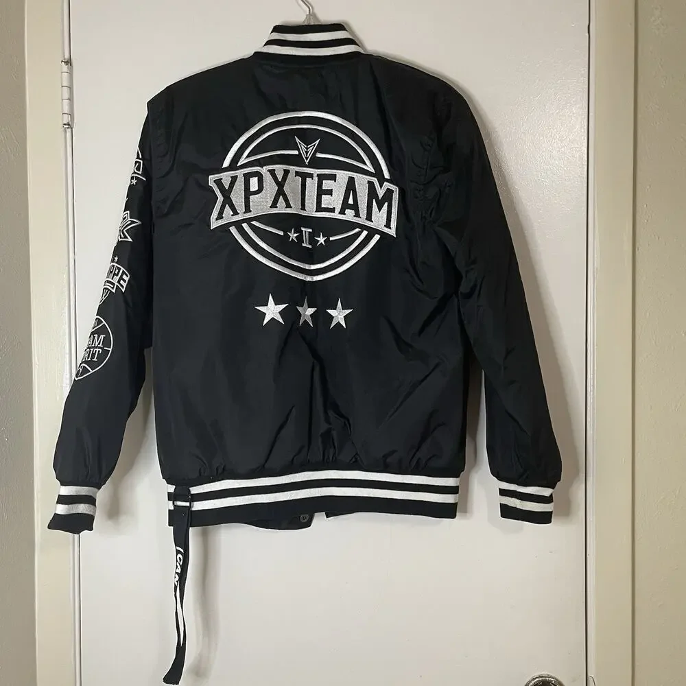 XPX Punkhippie black snap bomber varsity patchwork jacket size medium